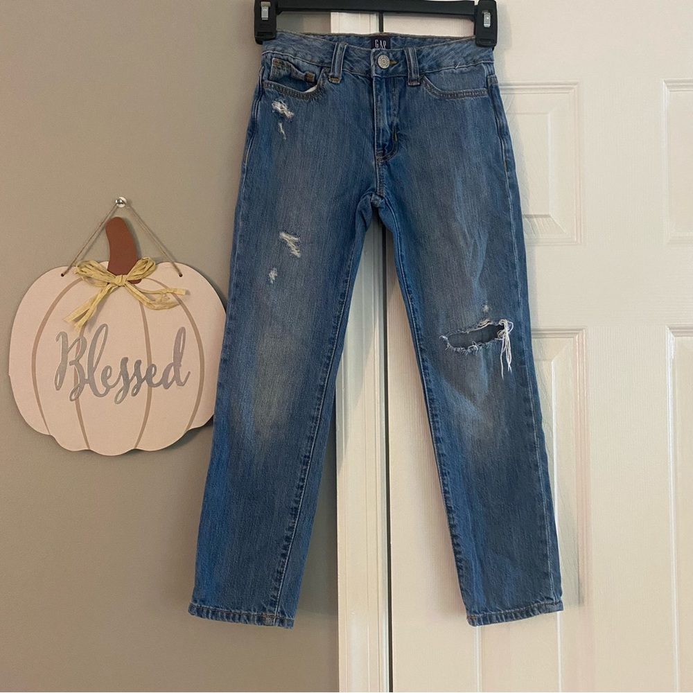 GAP Denim Girls Distressed Girlfriend Blue Jeans Size 7 Adjustable Waist